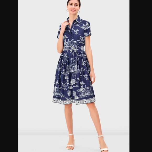 eshakti Dresses & Skirts - Eshakti Toile Print Crepe Belted Shirt Dress Size 2X Blue Pastoral Horse Novelty